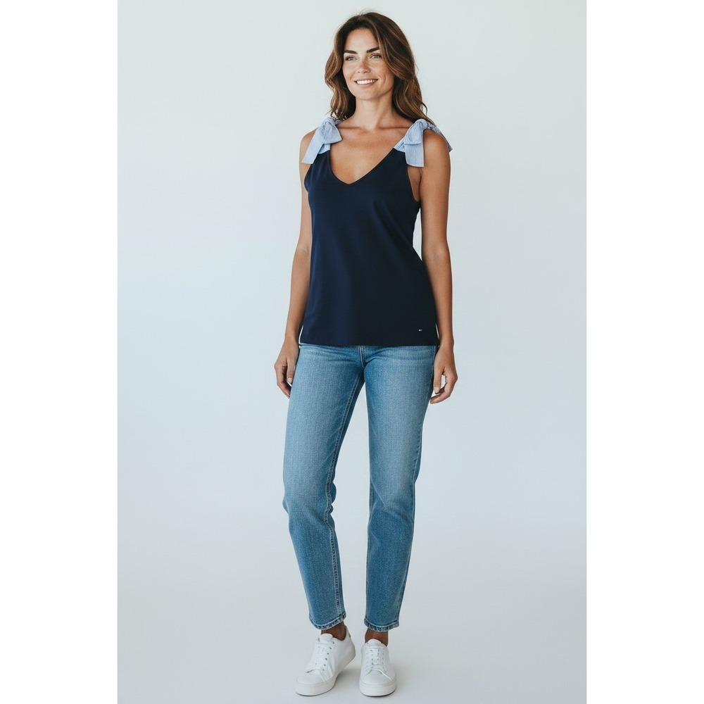 Tommy Hilfiger Tank Top Women Medium M Navy Blue Tie Strap Bow V-Neck NWOT